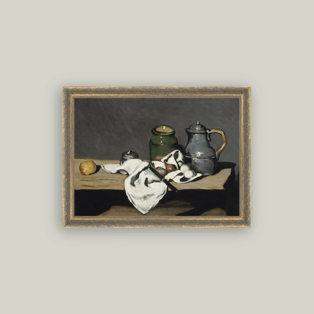 Framed still life painting with a table and various objects on a plain background
