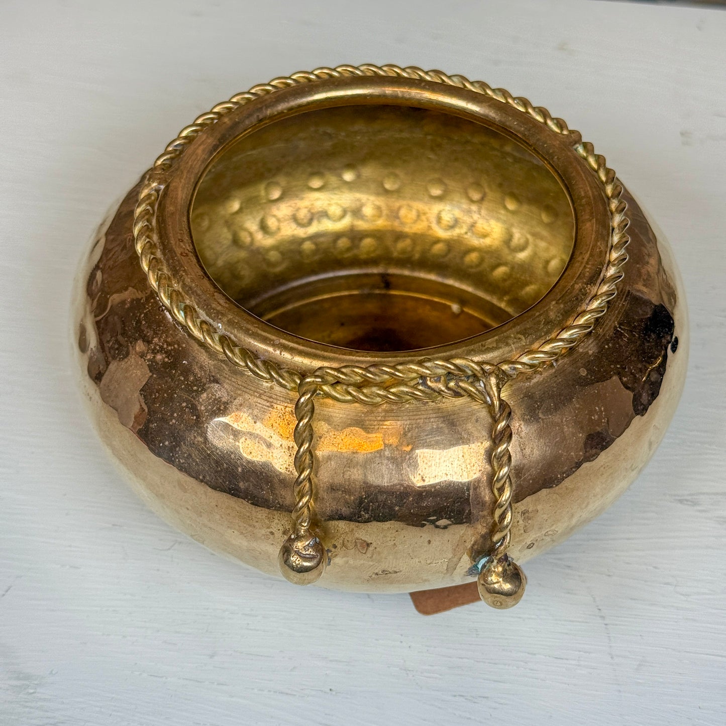 Italian Hammered Brass & Rope Jardiniere
