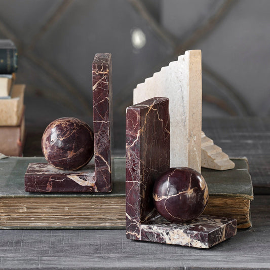Red Marble Sphere Bookends
