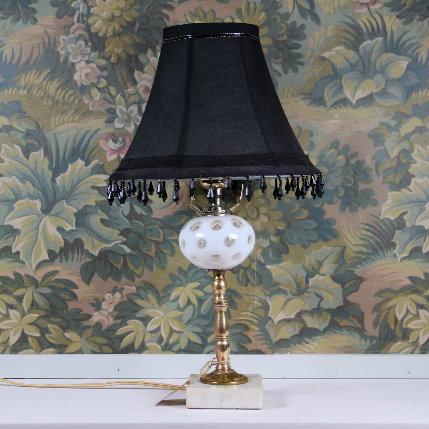 White Dotted Lamp with Black Beaded Shade