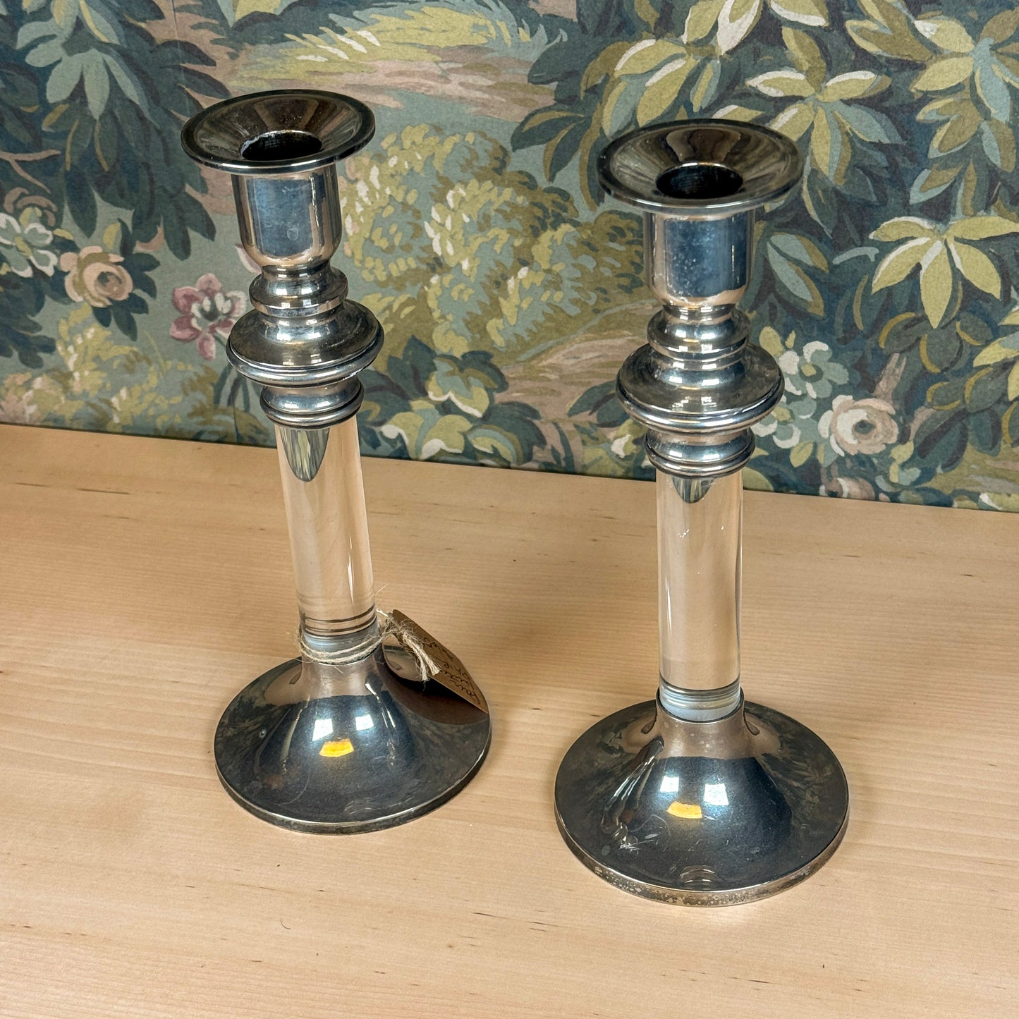 Lucite & Silver Pair of Candlesticks