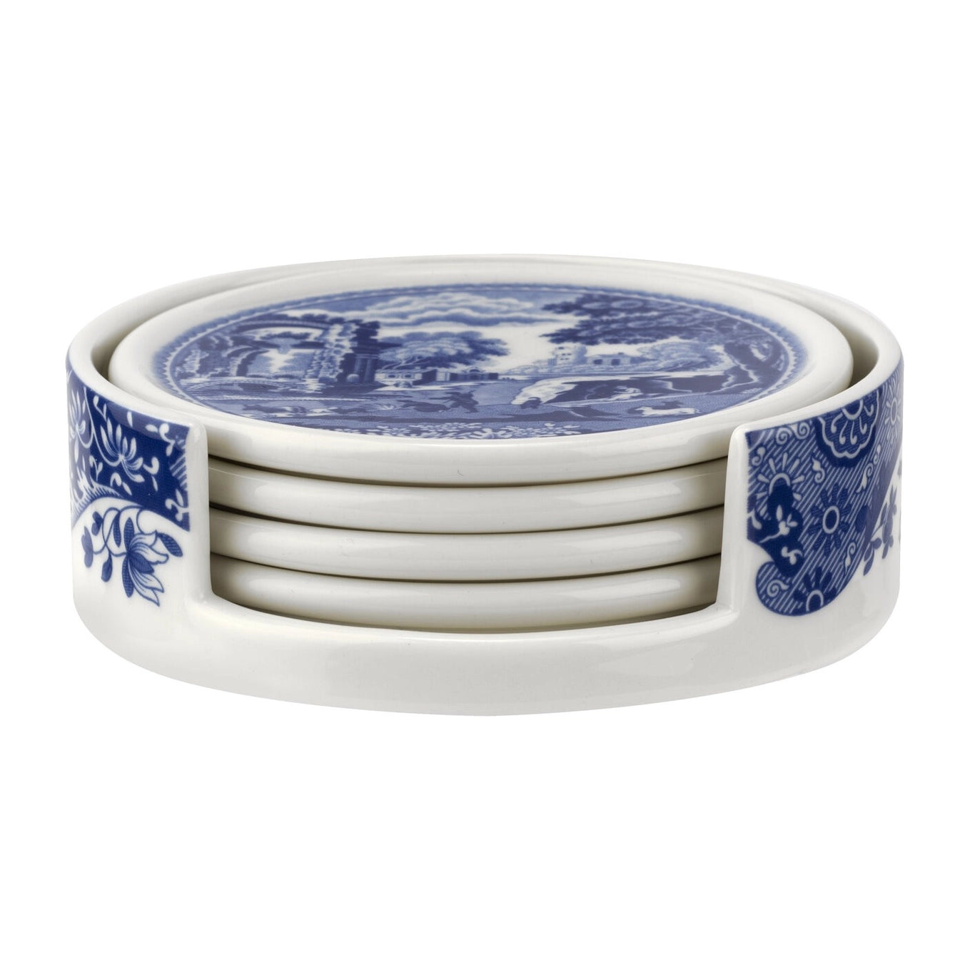 Spode Blue Italian Ceramic Coasters with Holder