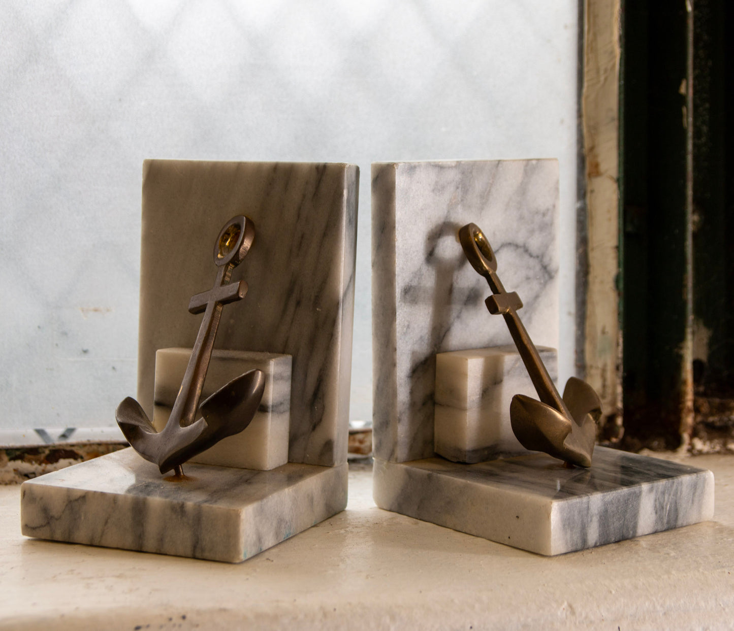 Vintge Marble & Brass Anchor Bookends