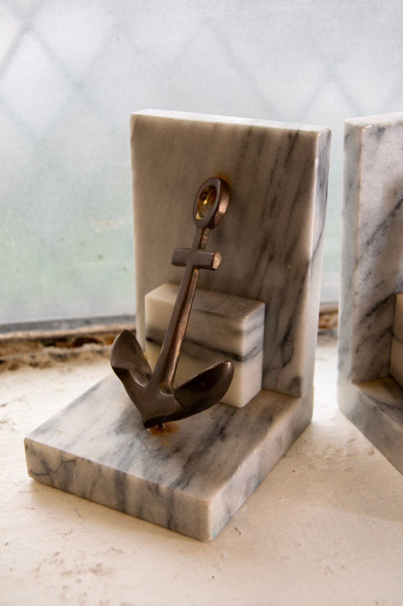 Vintge Marble & Brass Anchor Bookends