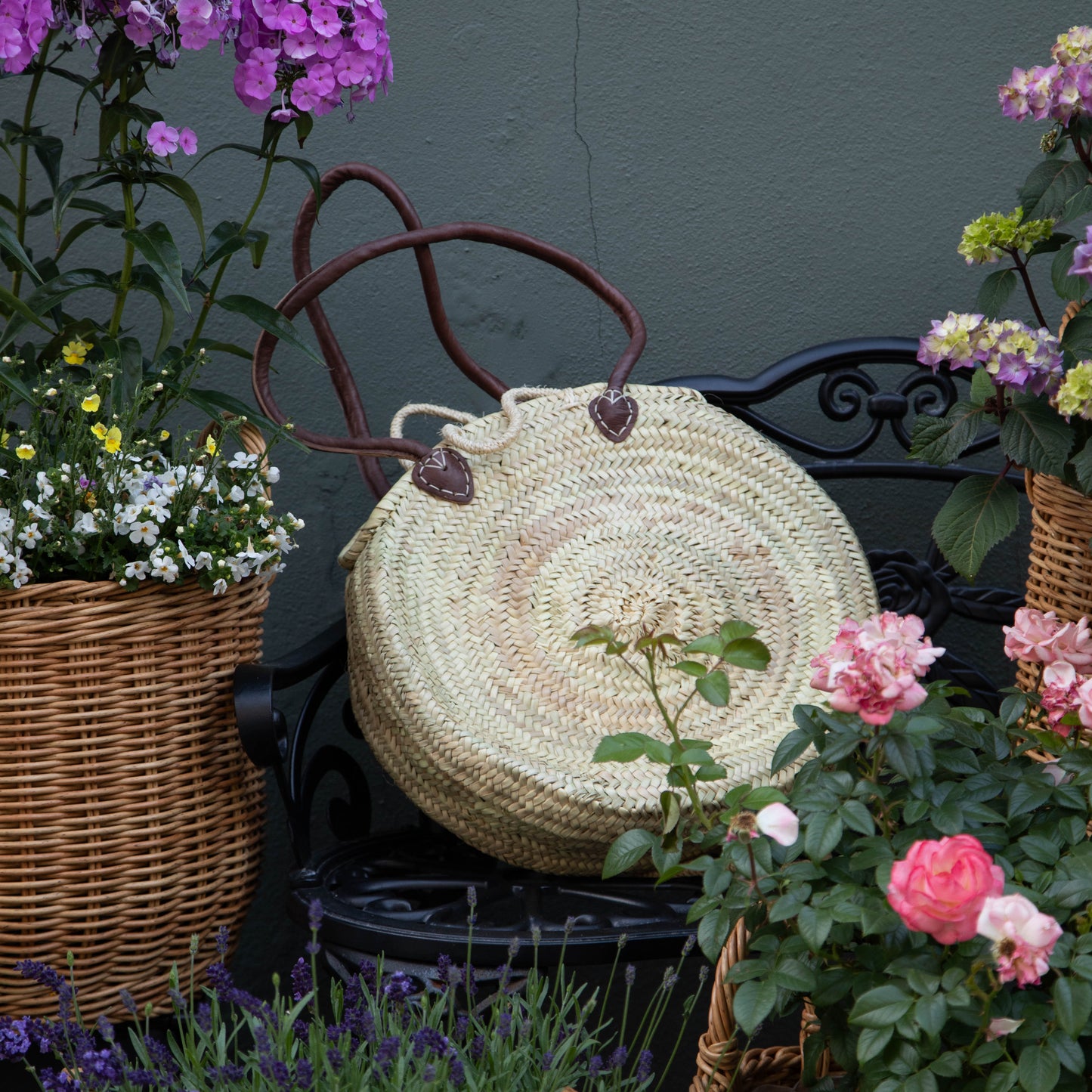 Circle French Wicker Tote with Leather Handles