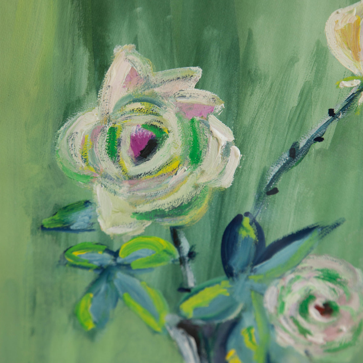 Framed Vintage Original Green Florals Art