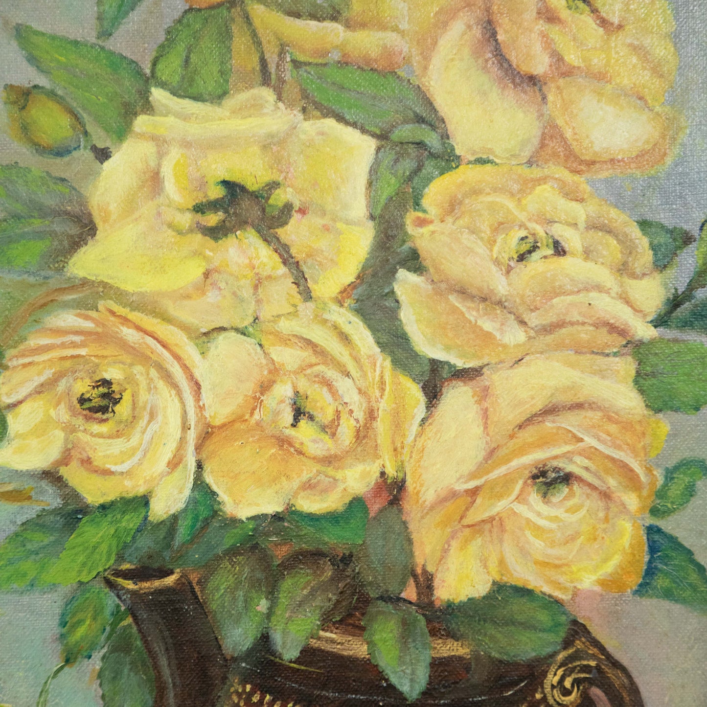 “Golden Petals” Vintage Yellow Rose Still Life Oil Painting