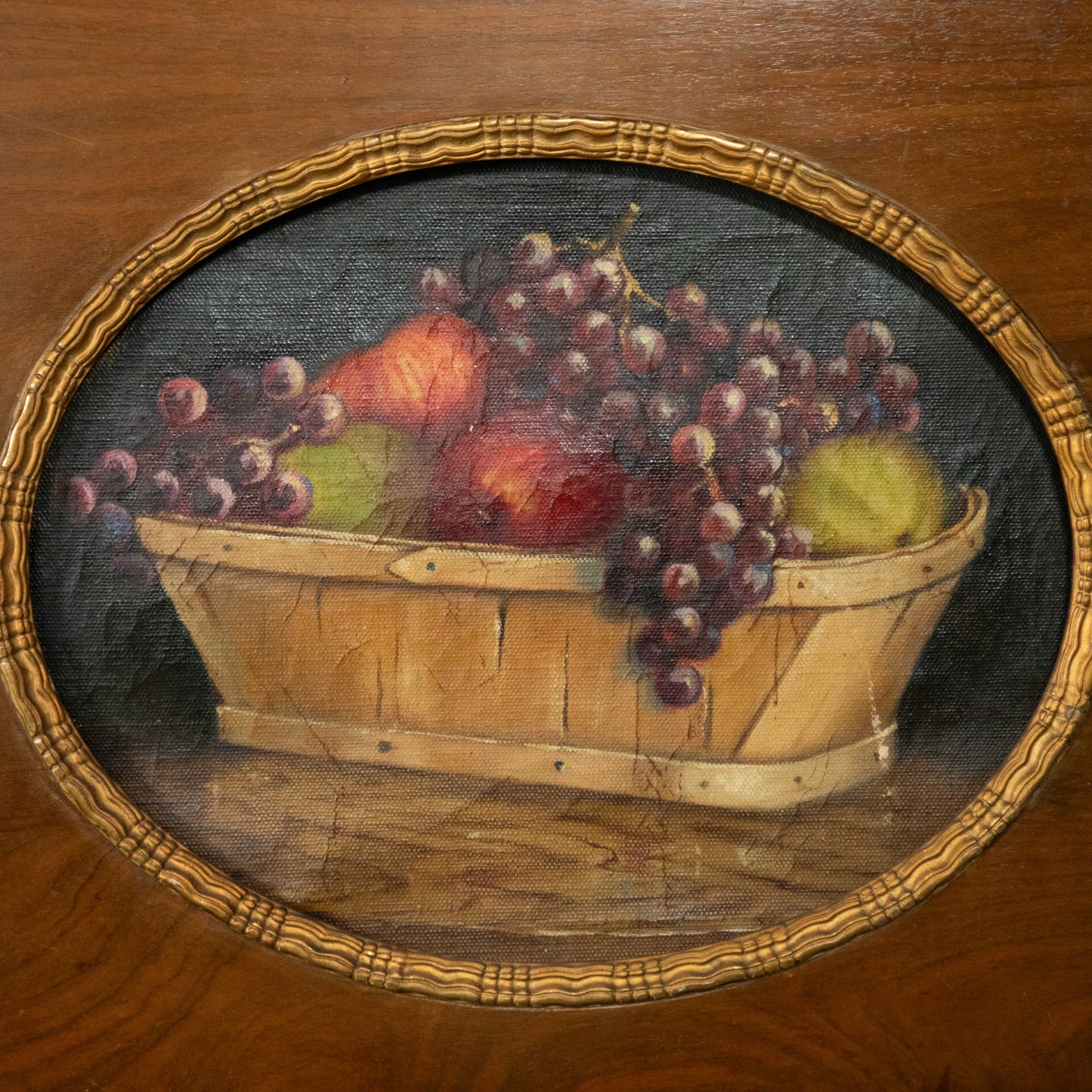 “Golden Orchard” Antique Fruit Basket Still Life, Large Wood Frame