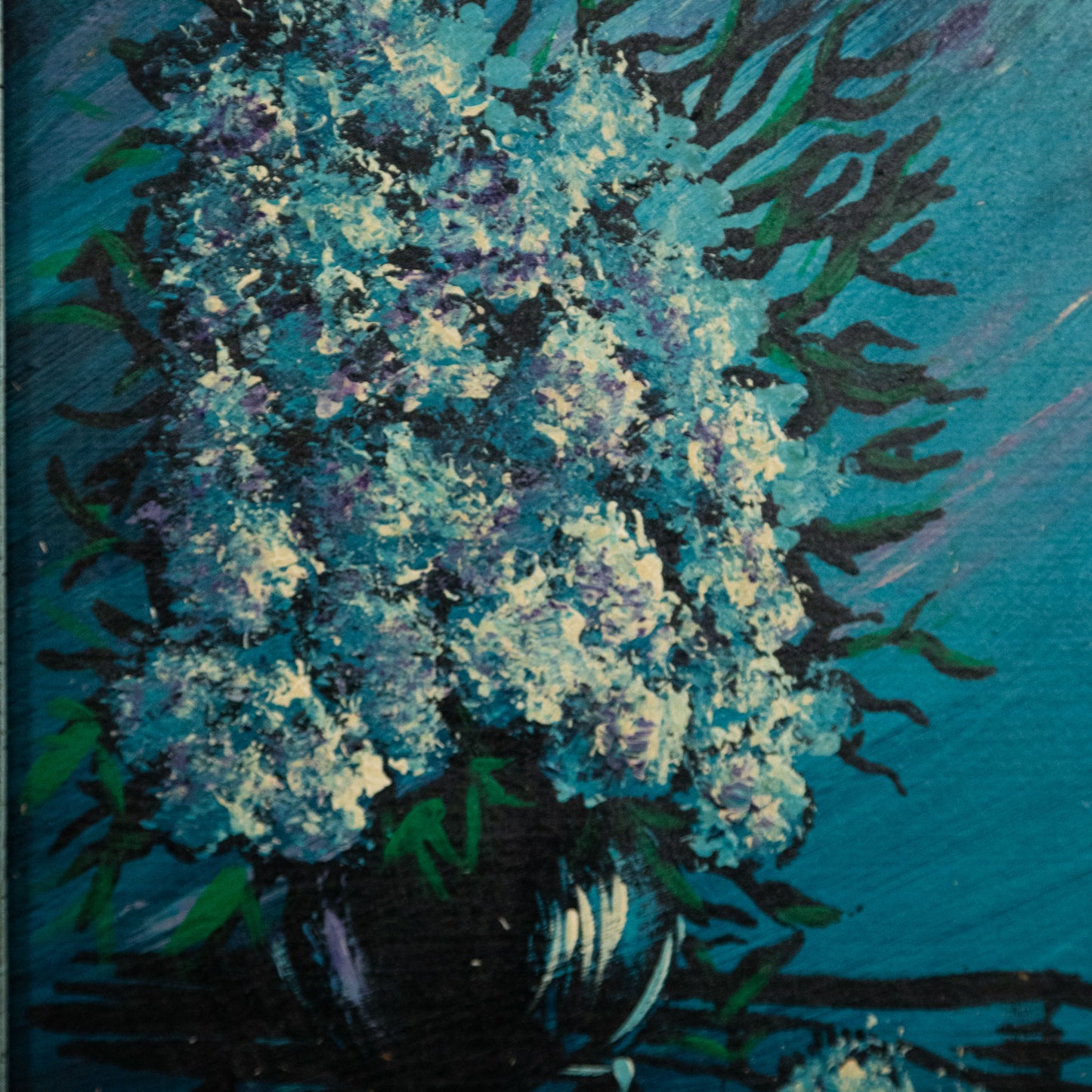 “Blue Mum Still Life” Vintage Oil Board Painting, Vase of Blue Flowers and Mums, Framed