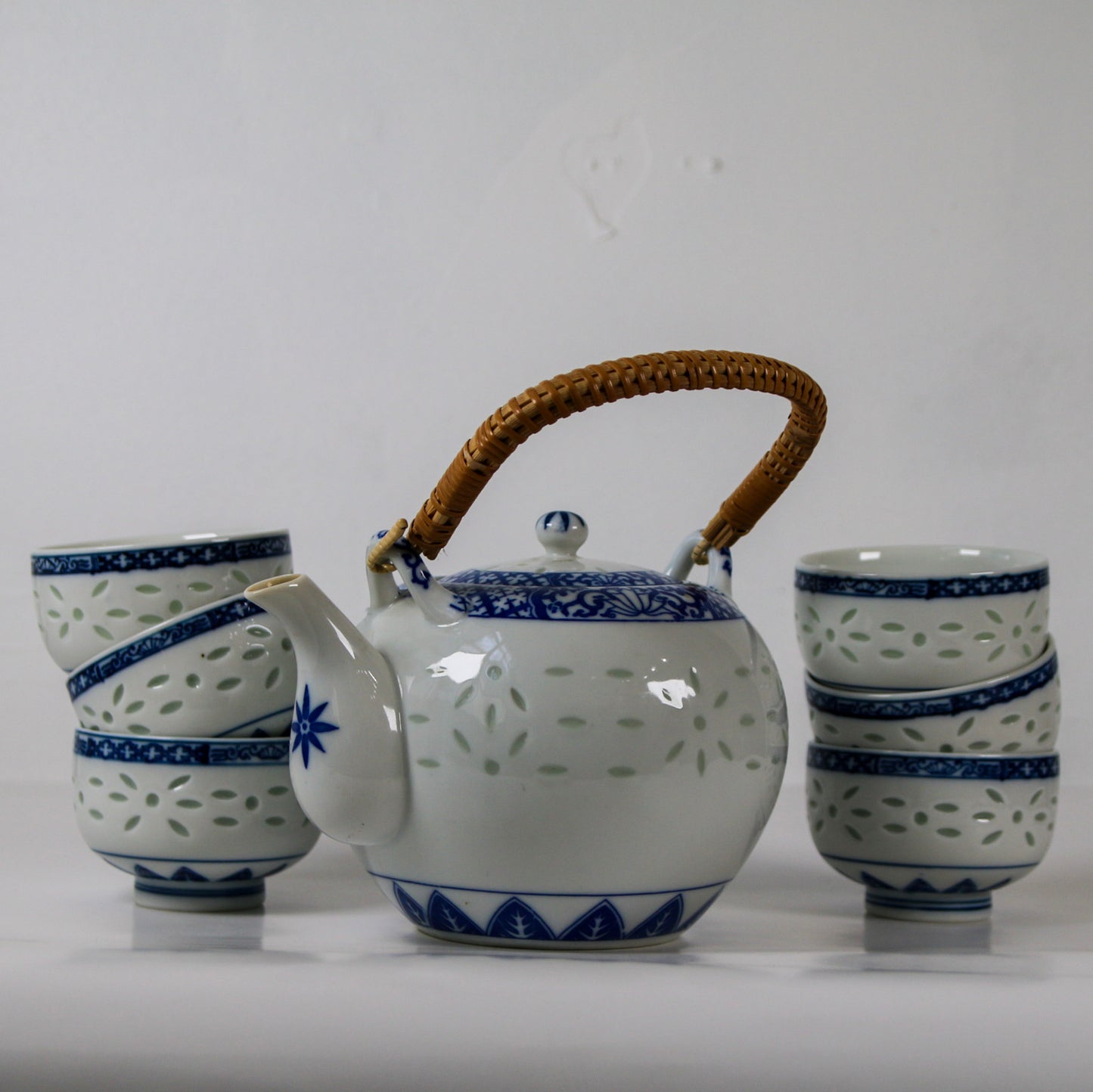 Vintage Chinese Blue & White Rice Grain Porcelain Tea Cups, set of 6