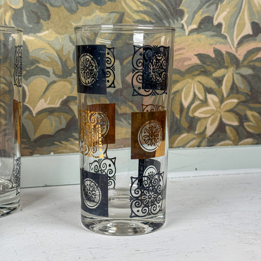 Set of 4 Blue & Gold Hi-Ball Glasses