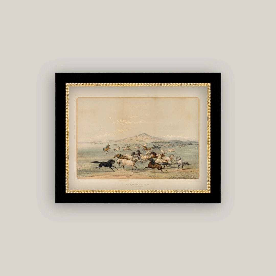 Framed artwork of horses running on a track with a mountain in the background.