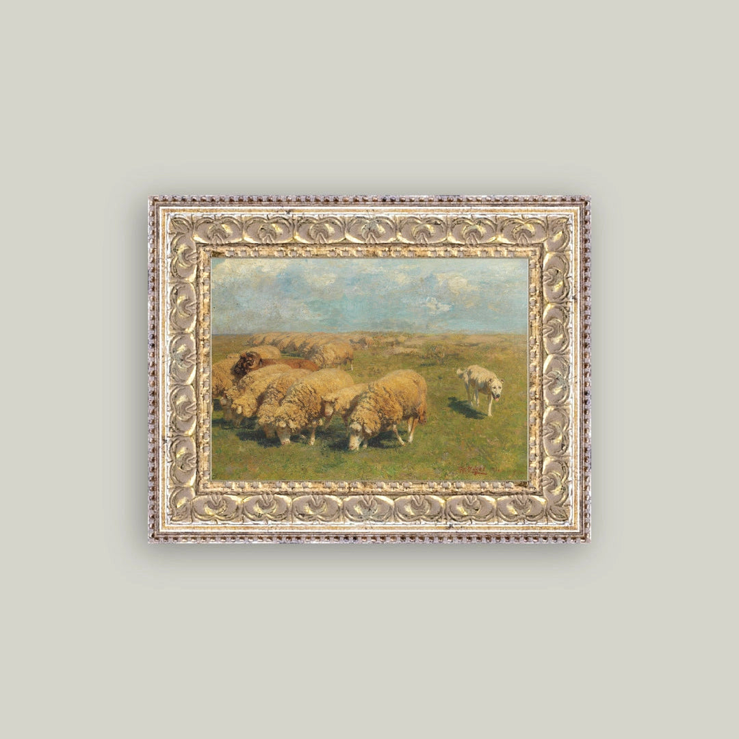Framed painting of sheep in a field on a light gray background