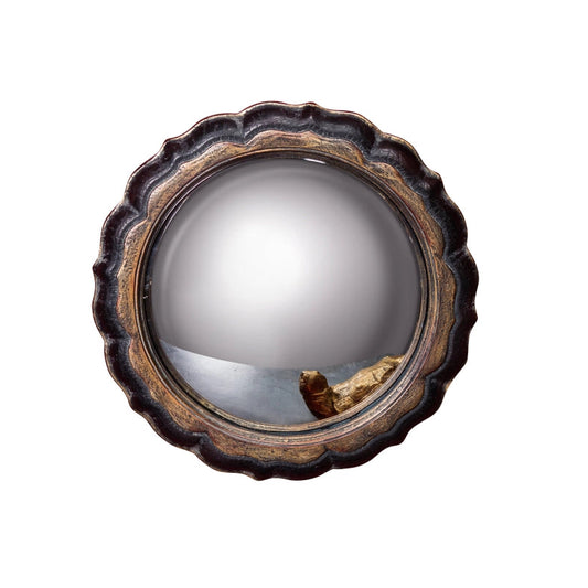A round decorative wall mirror with a scalloped dark bronze and gold frame, shown against a plain white background.