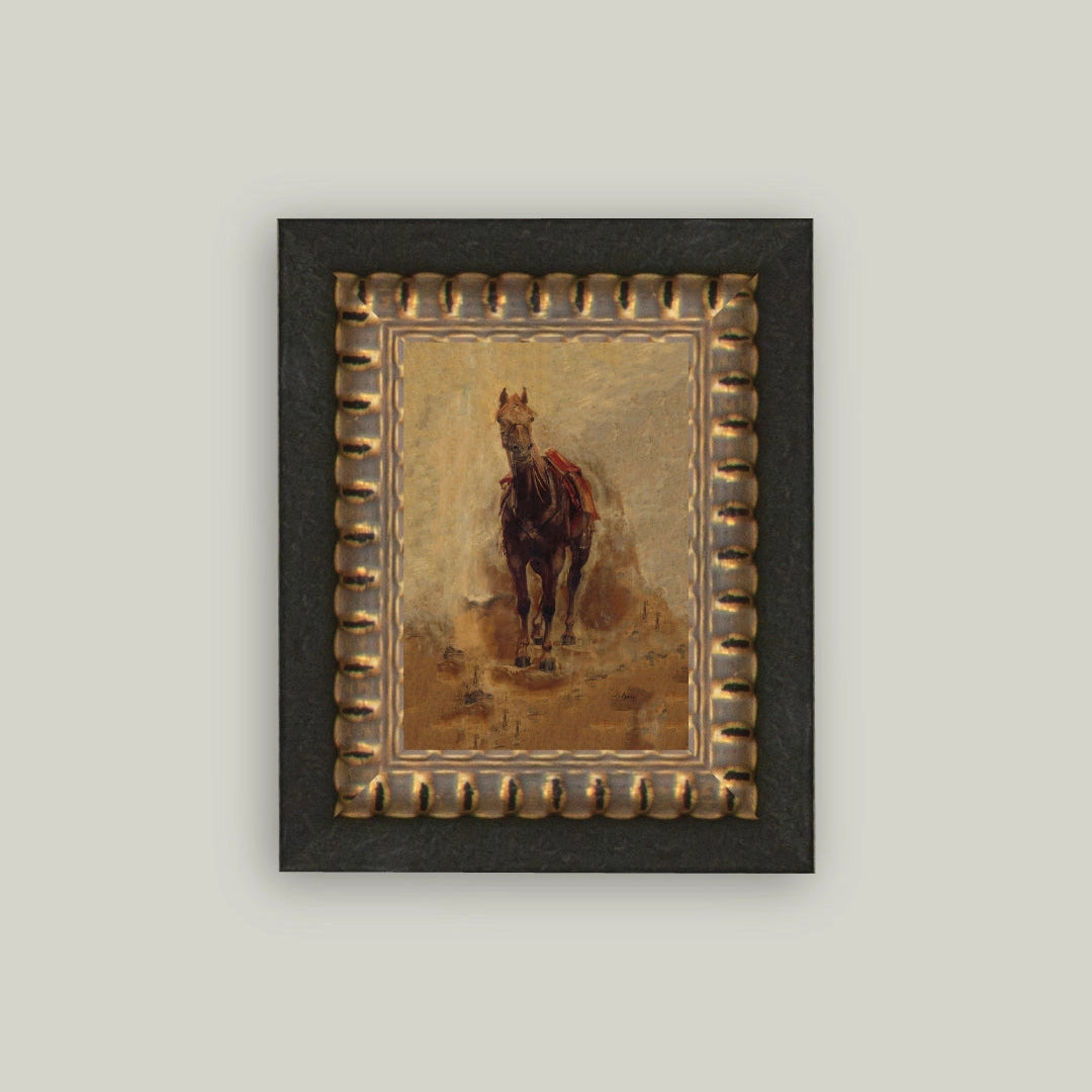 Framed artwork of a horse on a plain background