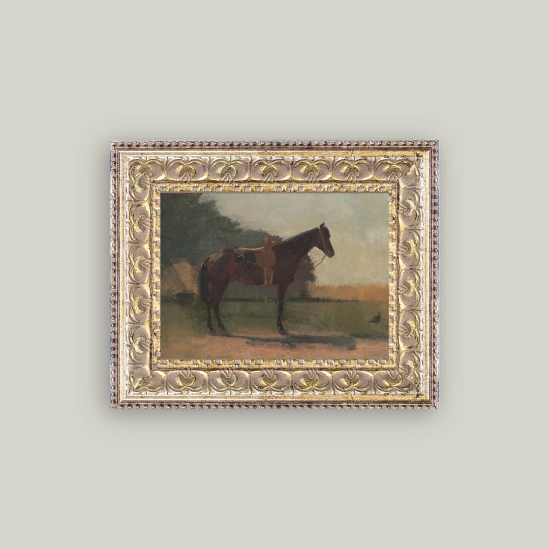 Framed painting of a horse on a plain background