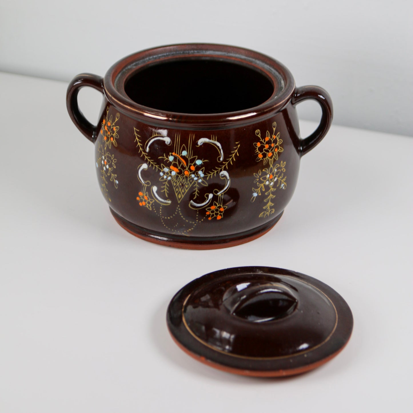 Vintage Redware Pottery Bean Pot with Lid