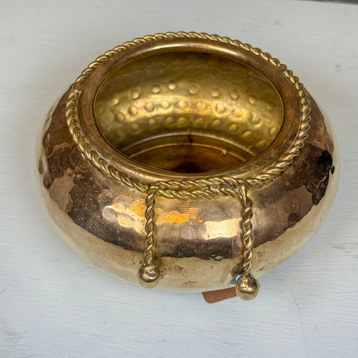 Italian Hammered Brass & Rope Jardiniere