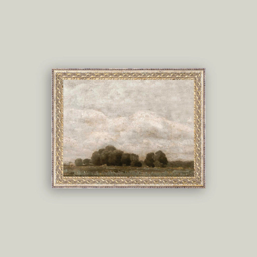 Framed landscape painting on a light gray wall