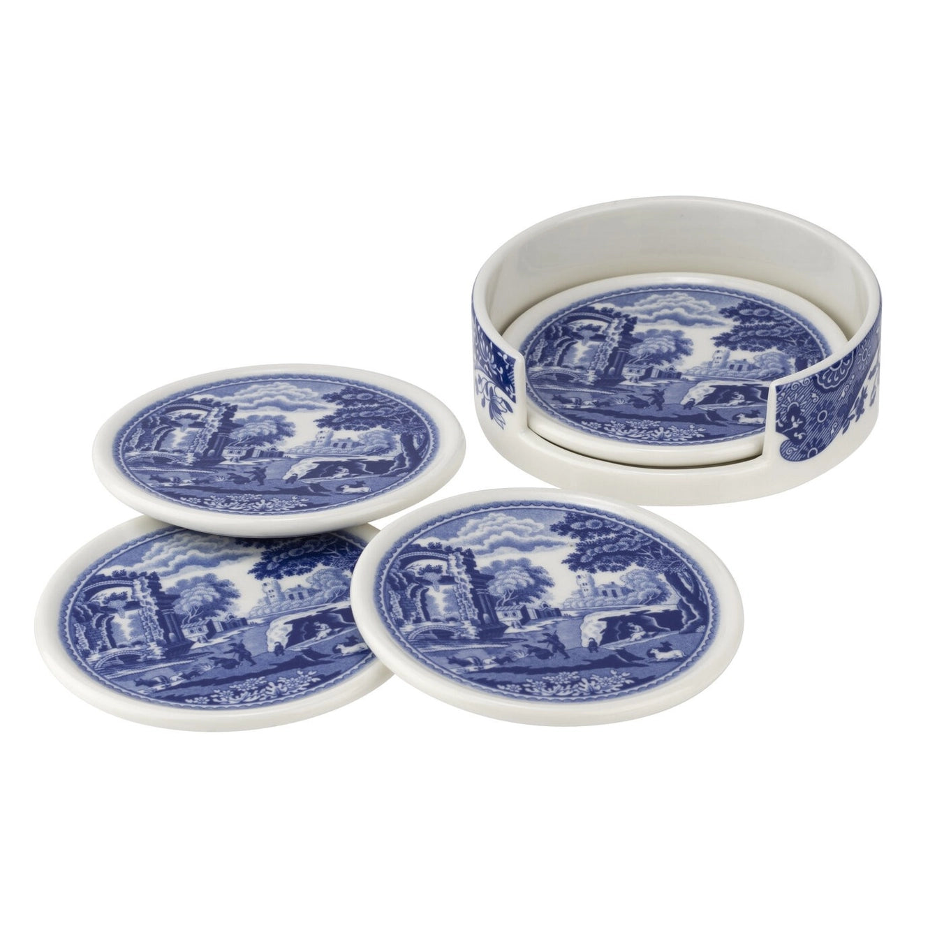 Spode Blue Italian Ceramic Coasters with Holder