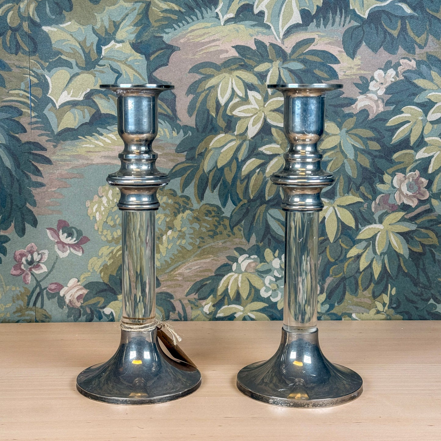 Lucite & Silver Pair of Candlesticks