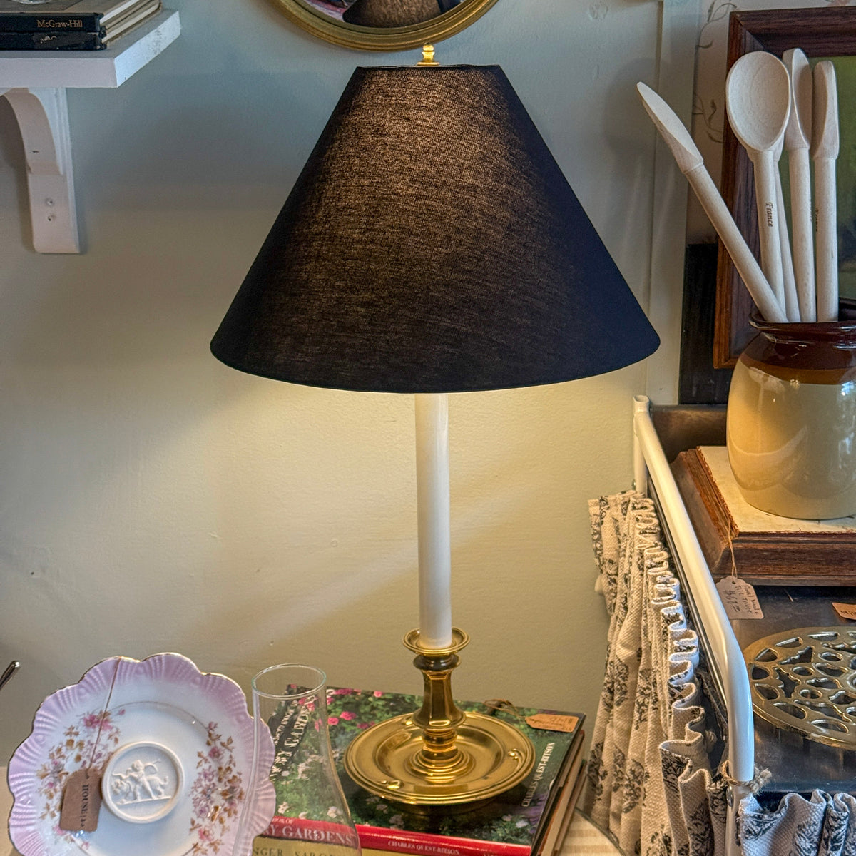 Vintage Stiffel Brass Candlestick Lamp with Black Shade