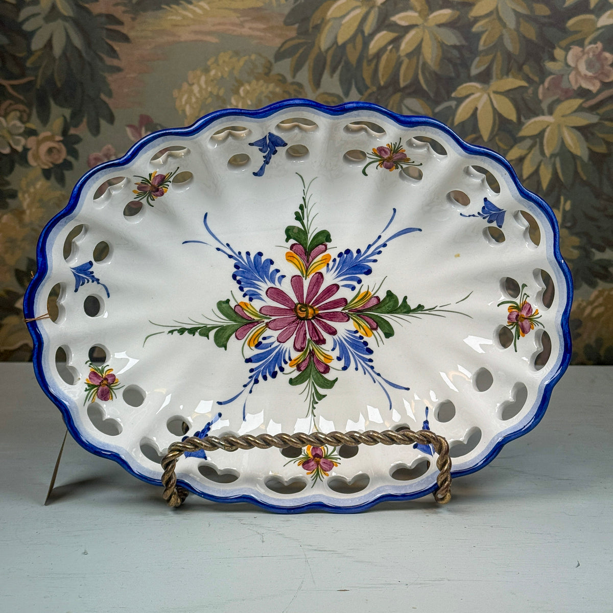 Vintage Hand Painted Pierced Serving Bowl, Large