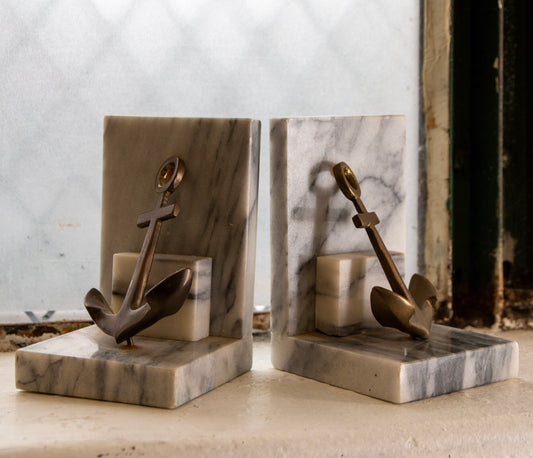 Vintge Marble & Brass Anchor Bookends