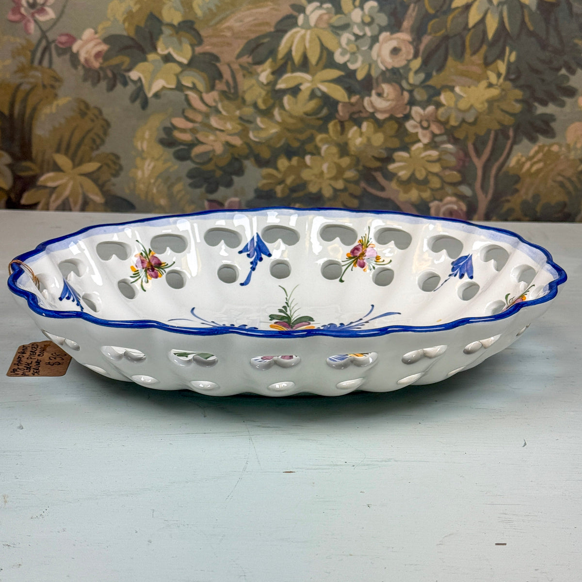 Vintage Hand Painted Pierced Serving Bowl, Large
