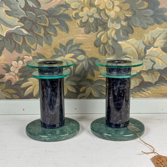 1980s Green Marble Candlestick Pair