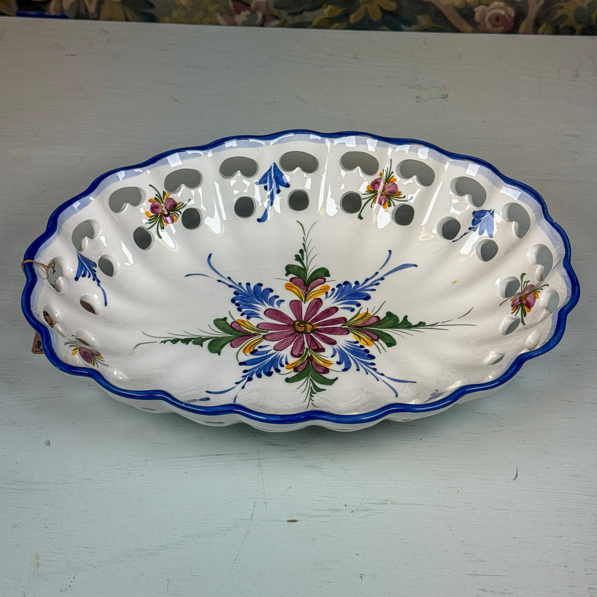 Vintage Hand Painted Pierced Serving Bowl, Large