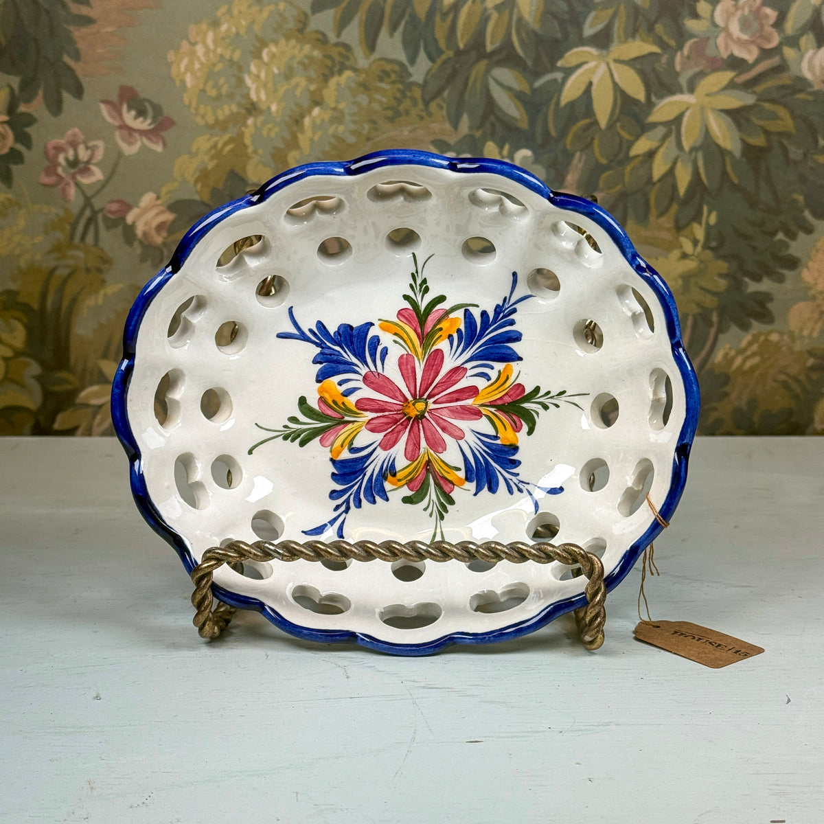 Vintage Hand Painted Pierced Serving Bowl, Medium