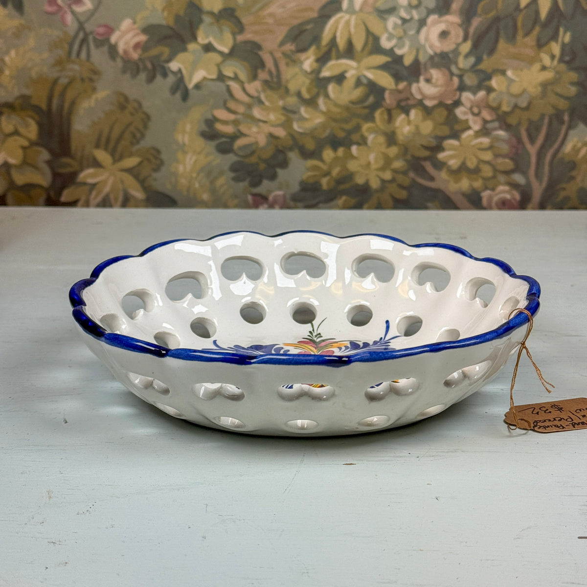 Vintage Hand Painted Pierced Serving Bowl, Medium