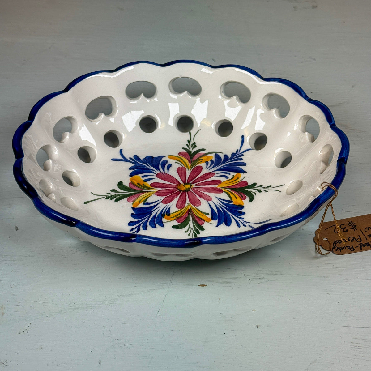 Vintage Hand Painted Pierced Serving Bowl, Medium