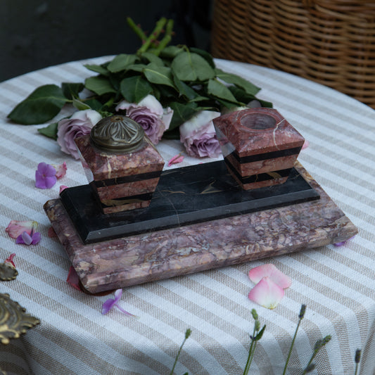 Antique Red & Black Marble Desk Inkwell