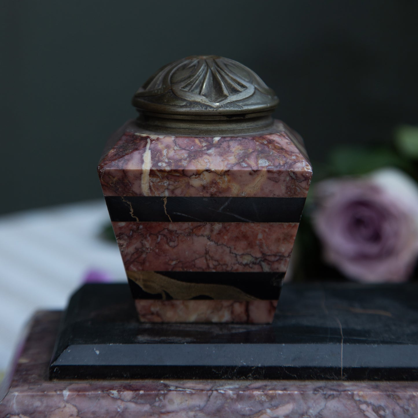Antique Red & Black Marble Desk Inkwell
