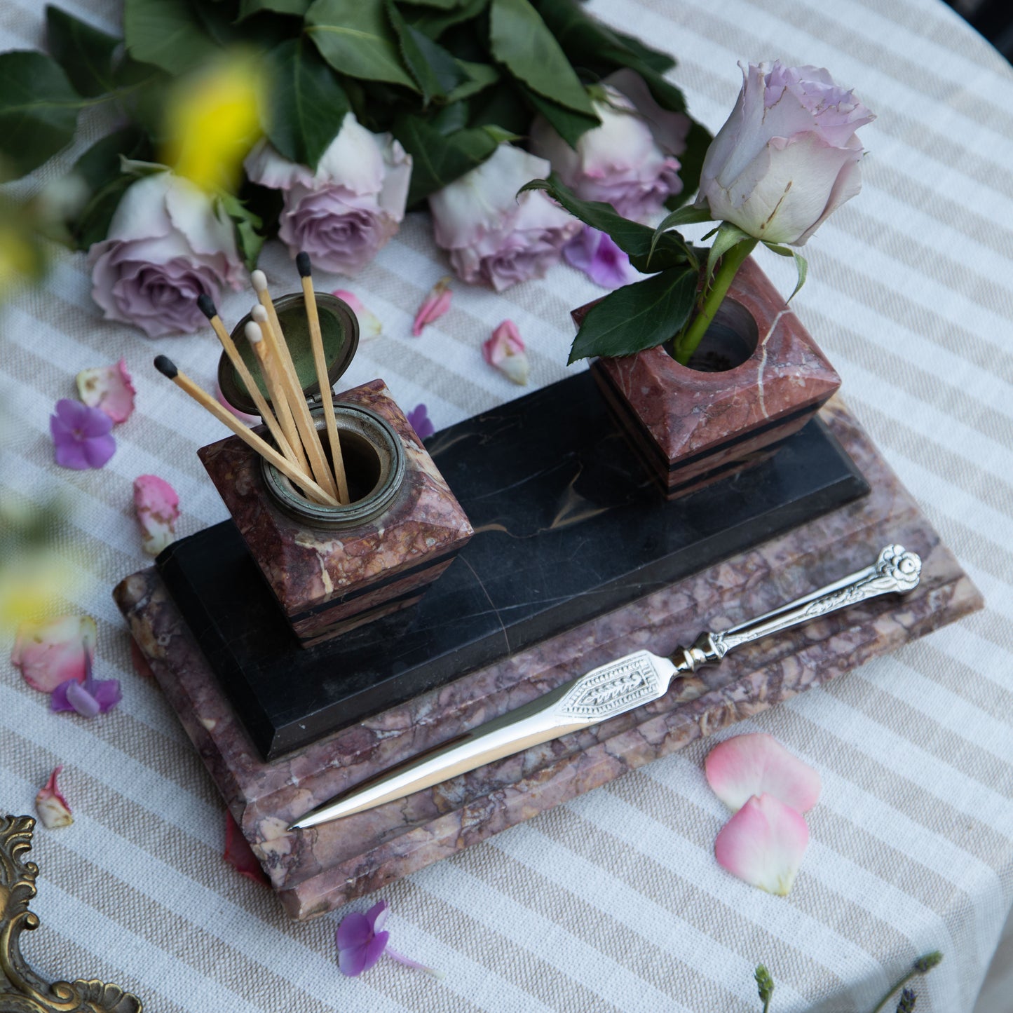 Antique Red & Black Marble Desk Inkwell