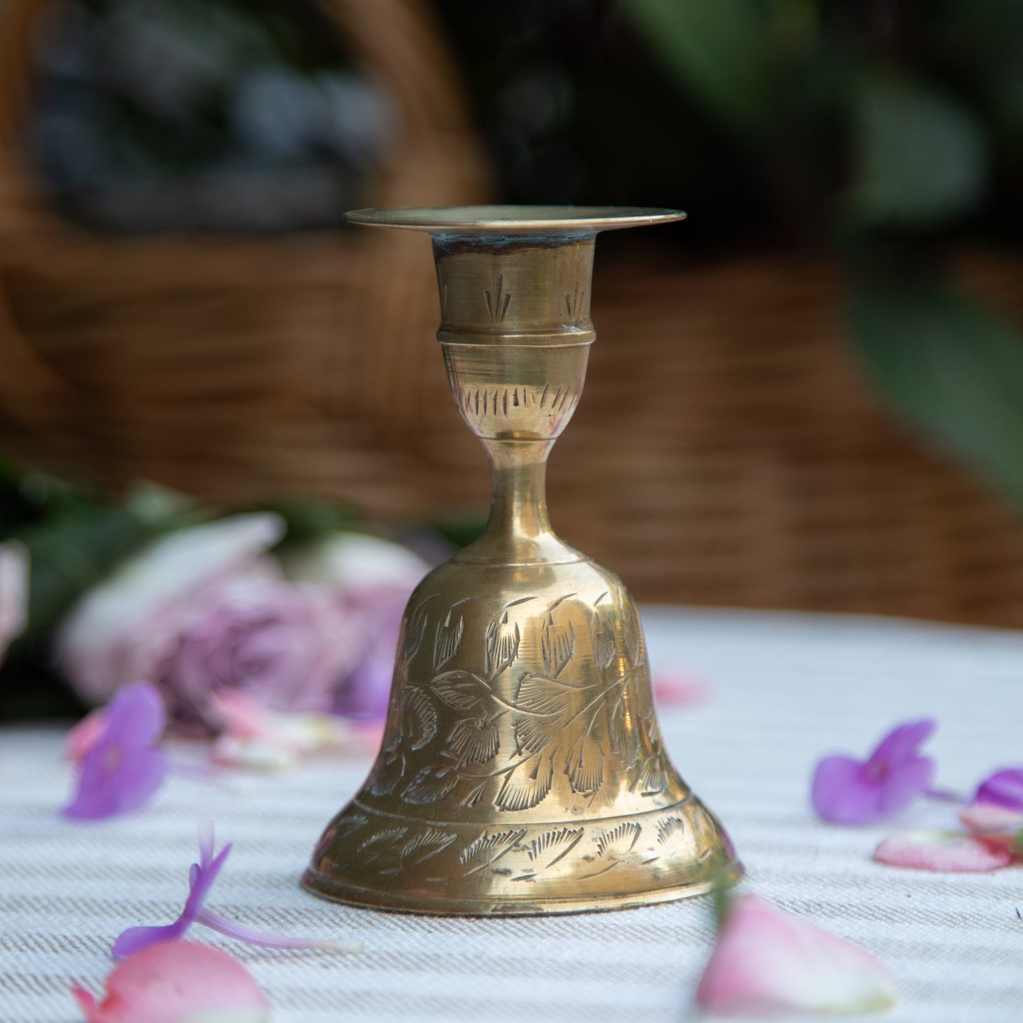 Vintage Etched Brass Bell Candlestick Holder