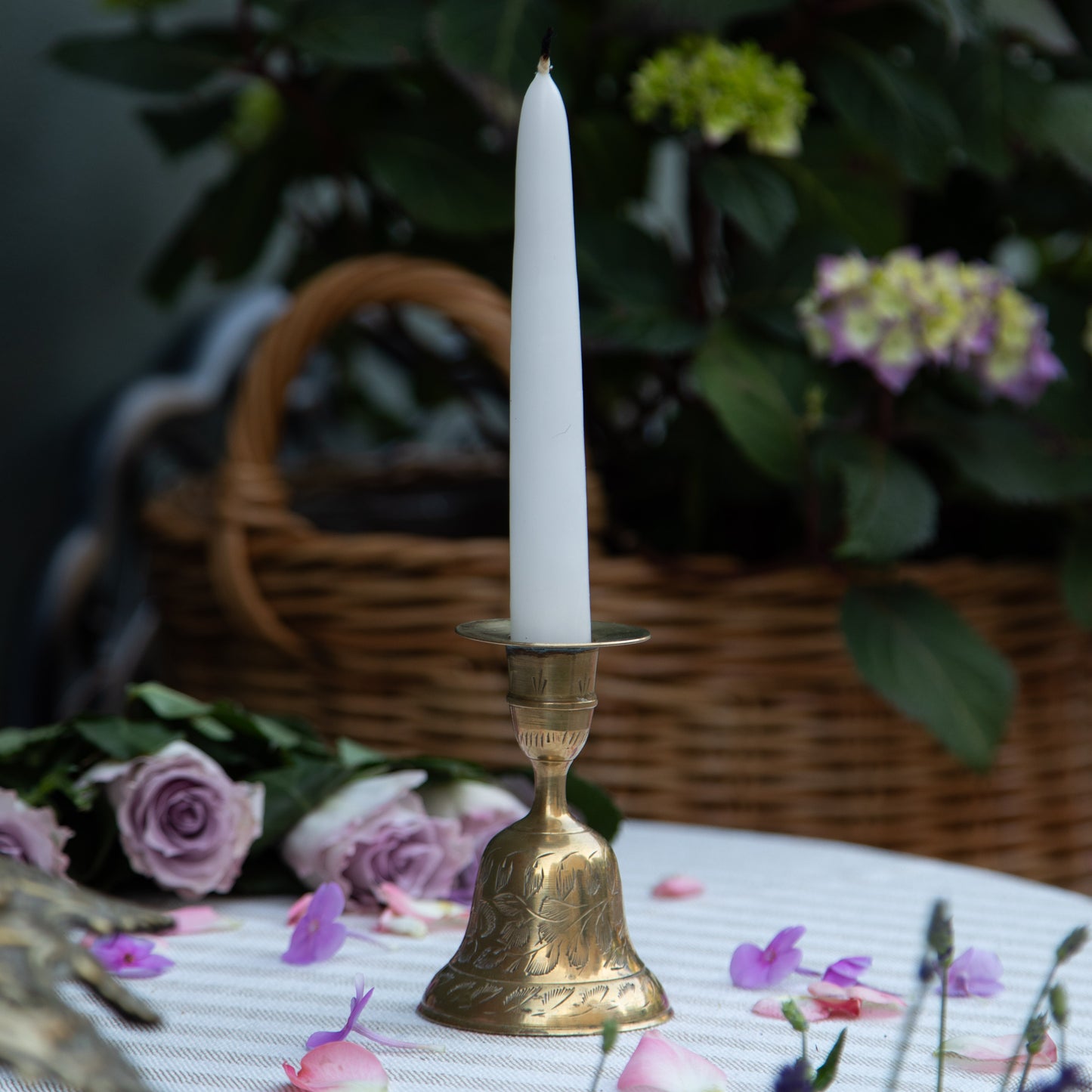 Vintage Etched Brass Bell Candlestick Holder