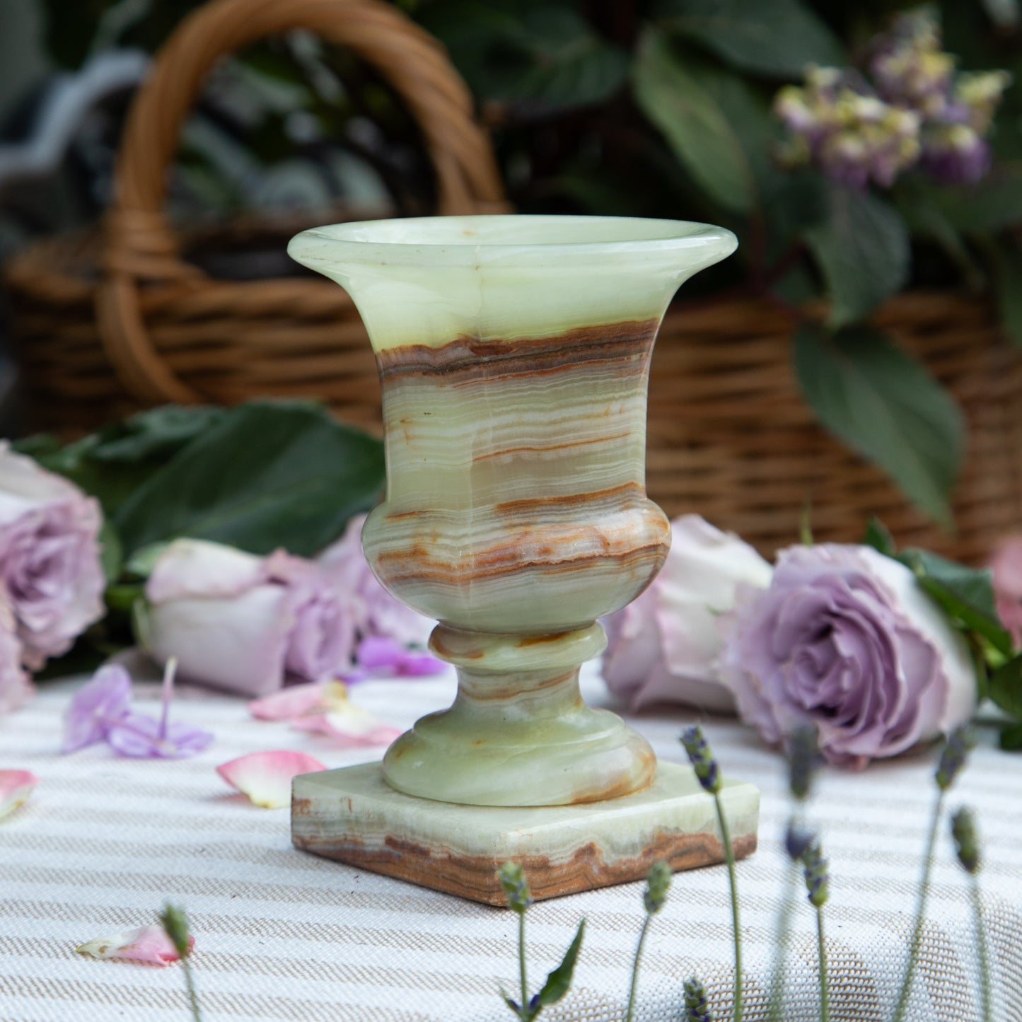White & Brown Onyx Stone Pillar Urn