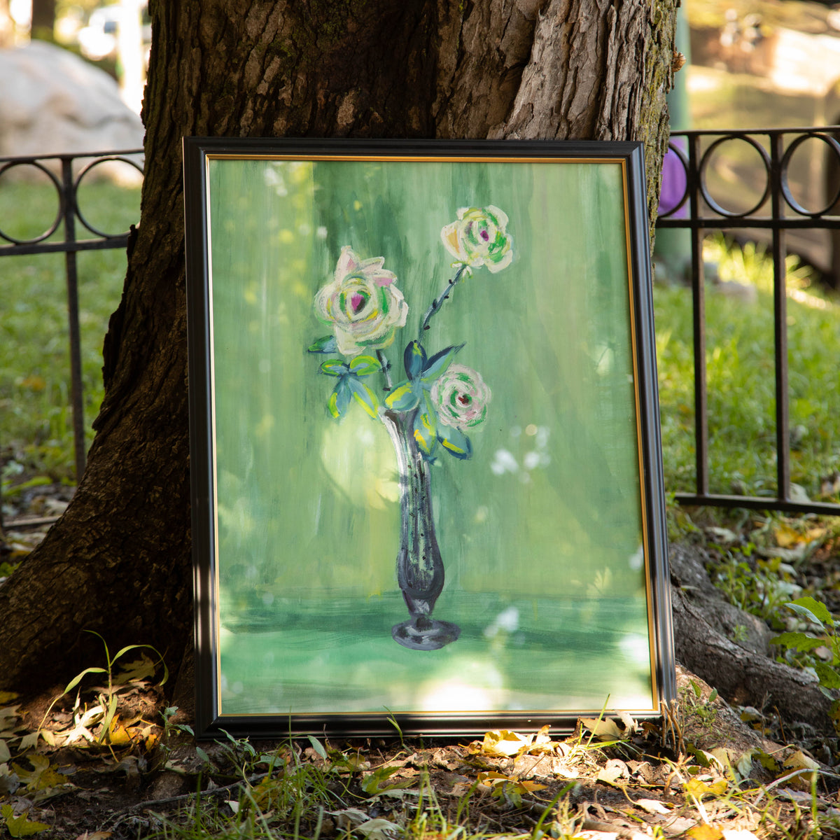 Framed Vintage Original Green Florals Art