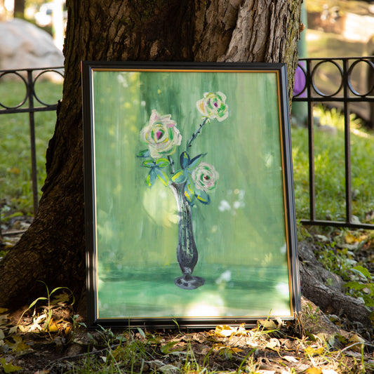 Framed Vintage Original Green Florals Art
