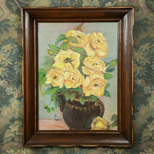 “Golden Petals” Vintage Yellow Rose Still Life Oil Painting