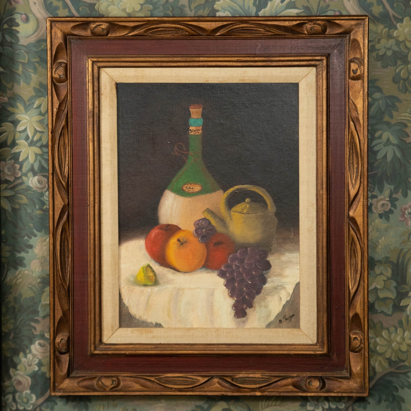 “Harvest Toast” Vintage Fruit and Wine Still Life Oil Painting, Ornate Wood Frame
