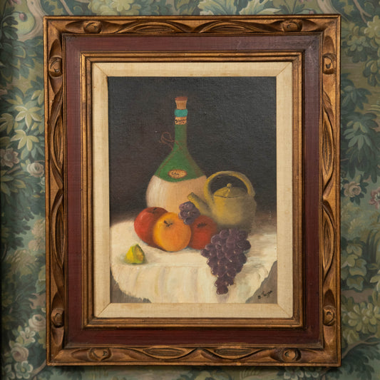 “Harvest Toast” Vintage Fruit and Wine Still Life Oil Painting, Ornate Wood Frame