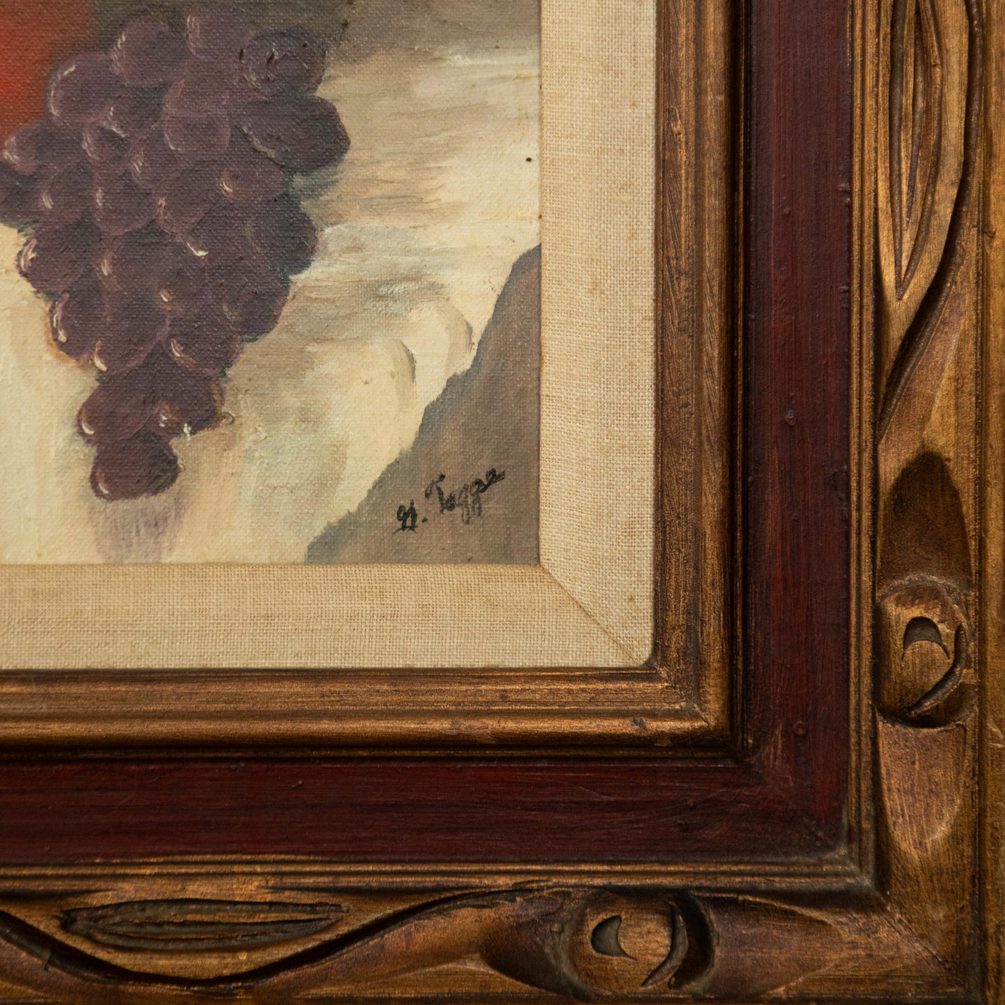 “Harvest Toast” Vintage Fruit and Wine Still Life Oil Painting, Ornate Wood Frame