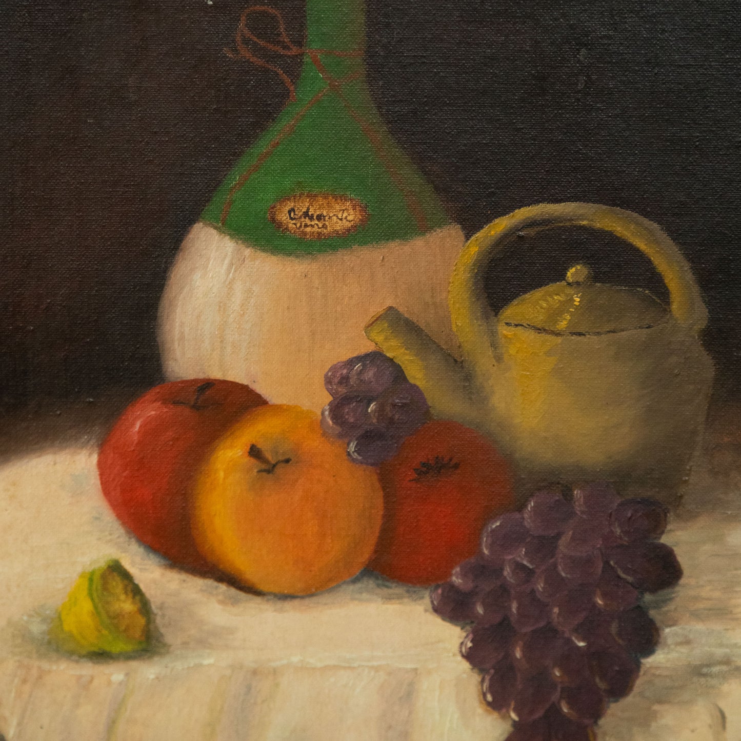 “Harvest Toast” Vintage Fruit and Wine Still Life Oil Painting, Ornate Wood Frame