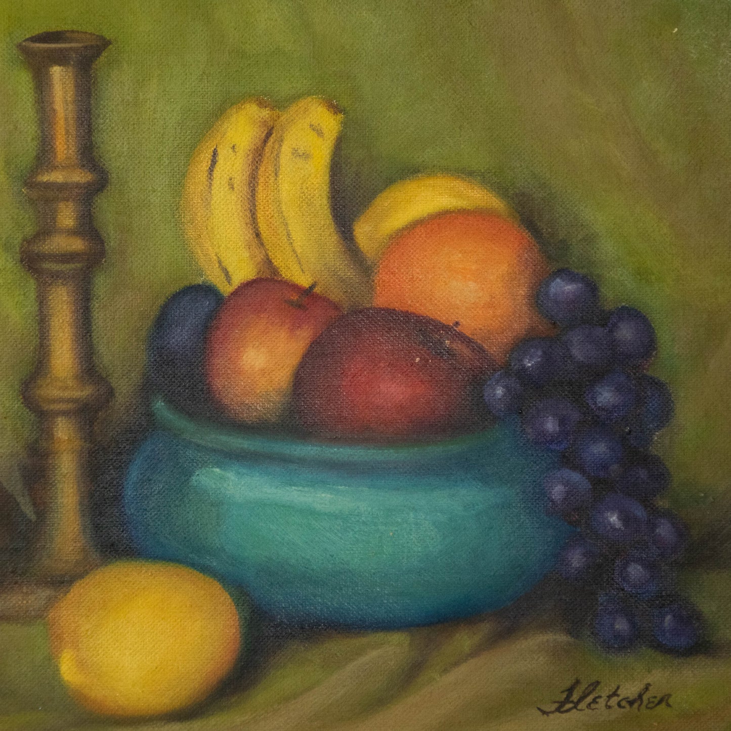 “Candlestick Harvest” Vintage Fruit Bowl and Candlestick Still Life Oil Painting