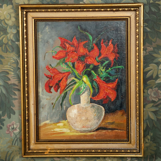“Crimson Bloom” Vintage Red Lily Still Life Oil Painting, Egg Dart Gilt Frame