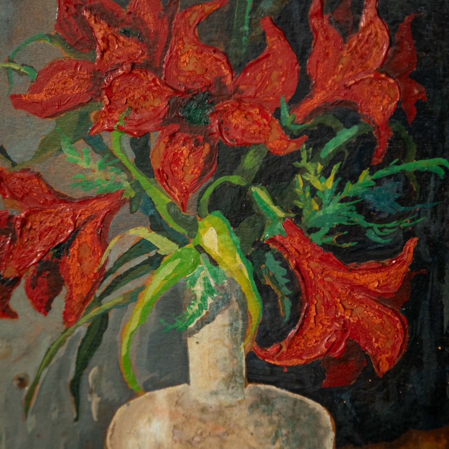 “Crimson Bloom” Vintage Red Lily Still Life Oil Painting, Egg Dart Gilt Frame